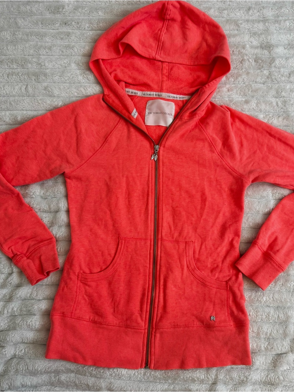 Y2K Victoria Secret Model Off Duty Pink Coral Zip-Up Angel Wing Hooded Jacket